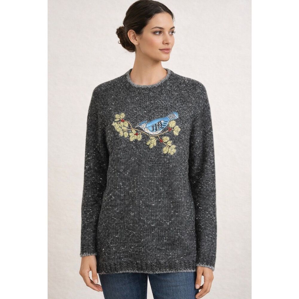 Woolrich Embroidered Blue Jay Sweater | Womens Large | Onyx Heather | NWT